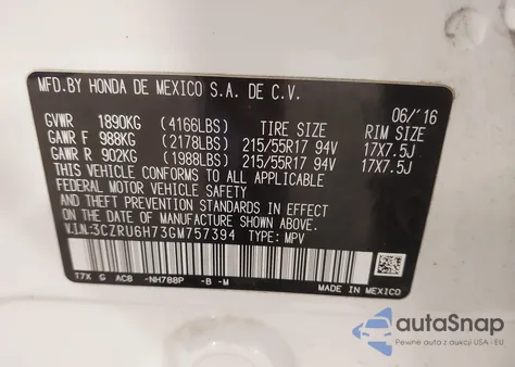 2016 Honda Hr-V Ex-L z USA, uszkodzony, nr VIN 3CZRU6H73GM757394